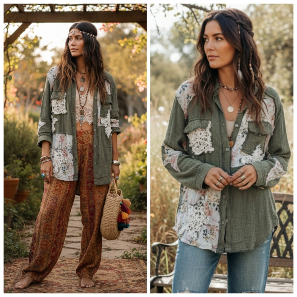 POL Green Button Down Shirt with Lace Accents